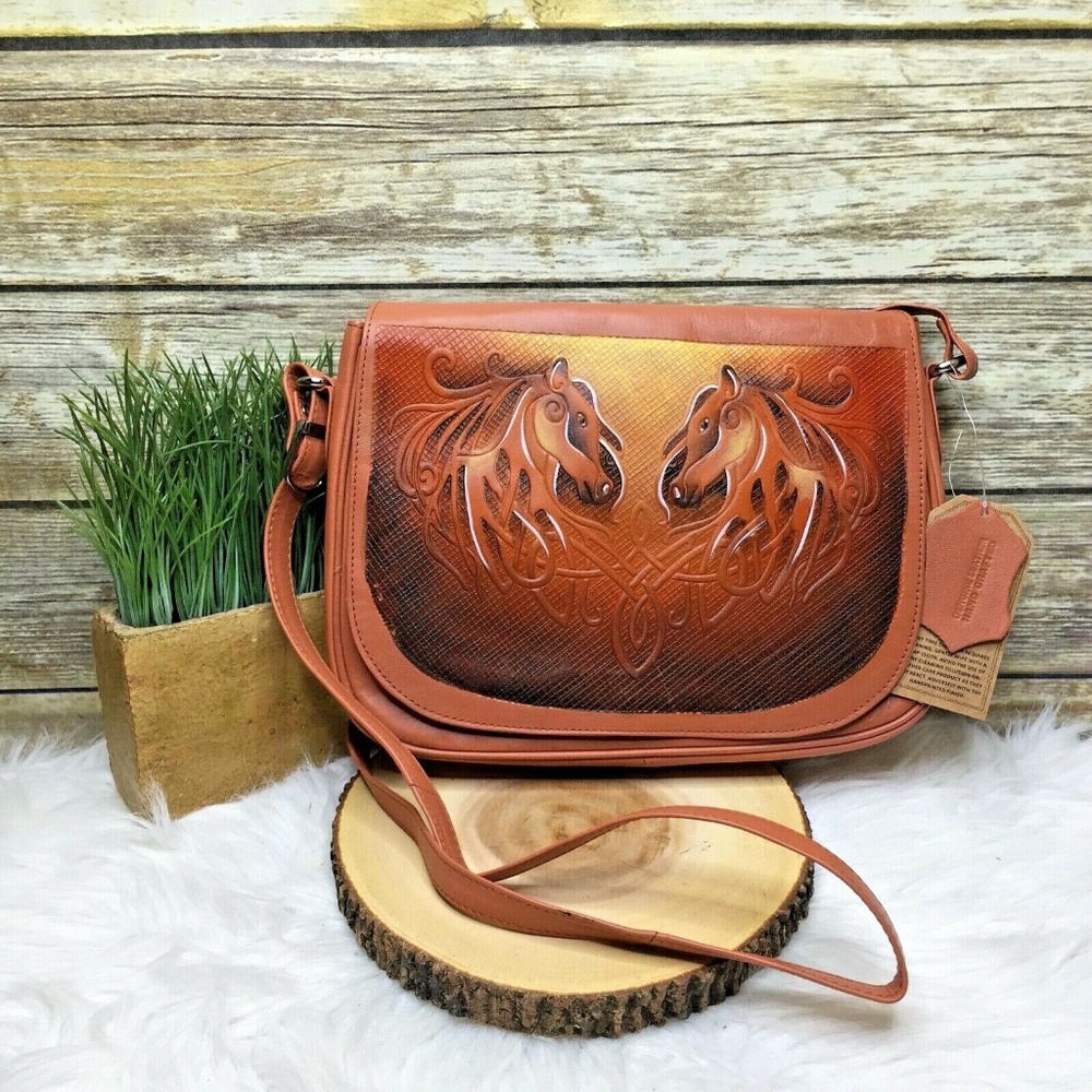 Brown Leather Horse Embossed Accent Crossbody Bag
